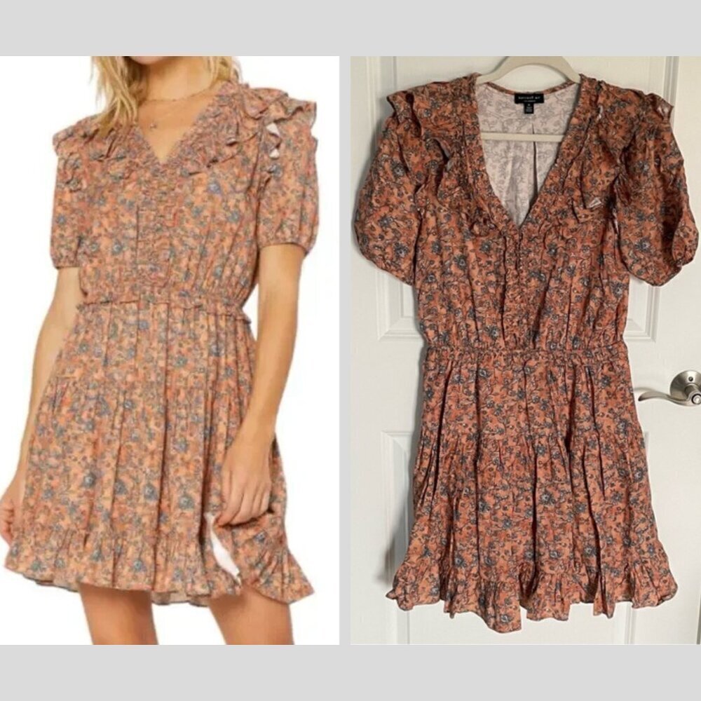 Current Air Los Angeles Floral Pleated Ruffled V-Neck Mini Dress 35196